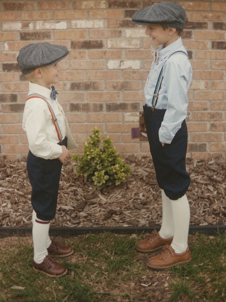 Two boys in flat caps and suspenders facing each other beside a brick wall